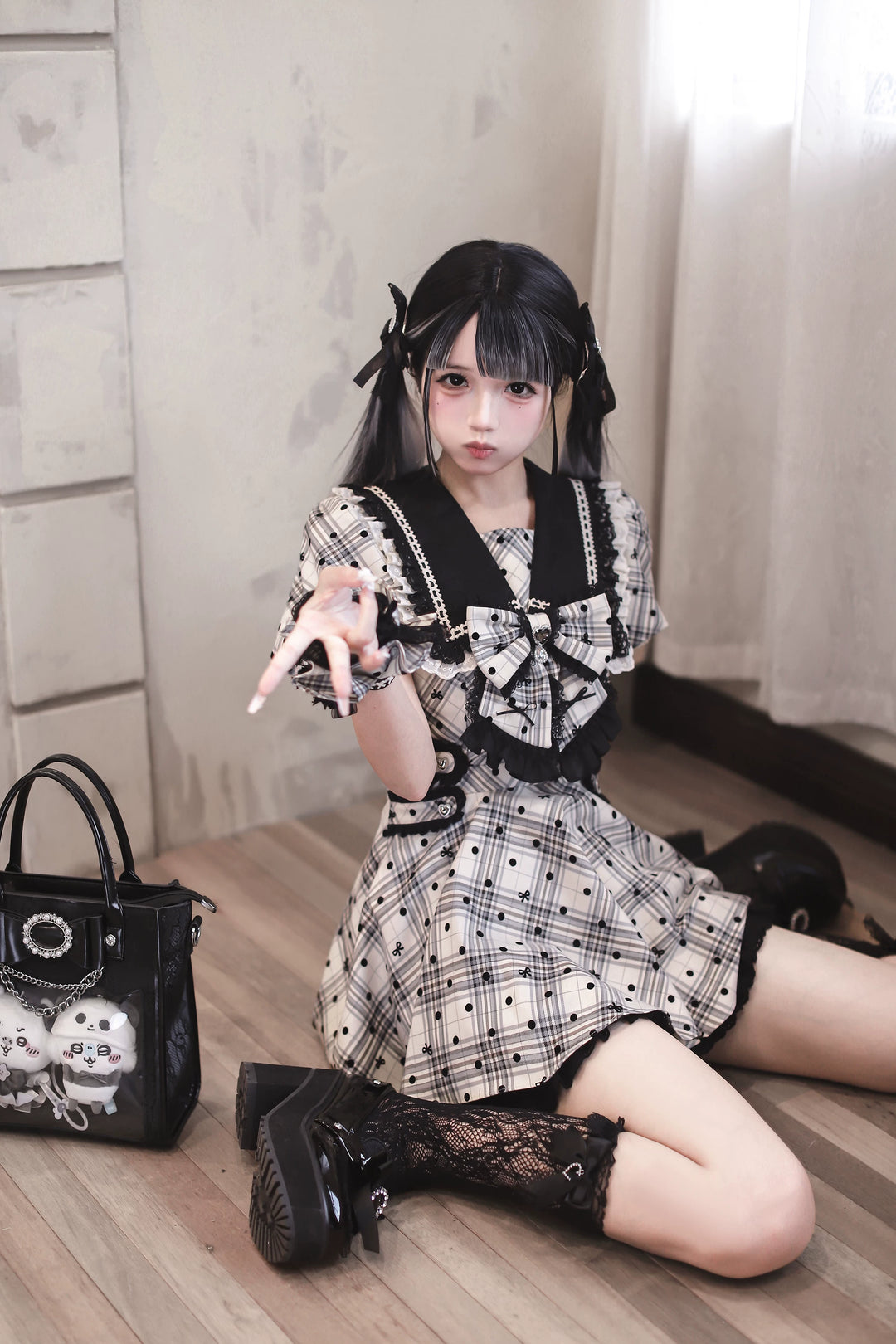 Cotton Lining Jirai Kei Dress, Plaid & Polka Dot Style 44924:829927