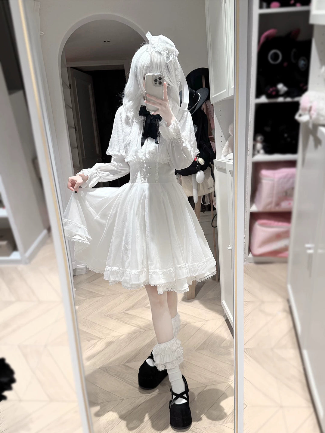 Jirai Kei Winter Cape, Lace Blouse, High-Waist Skirt 44199:808465