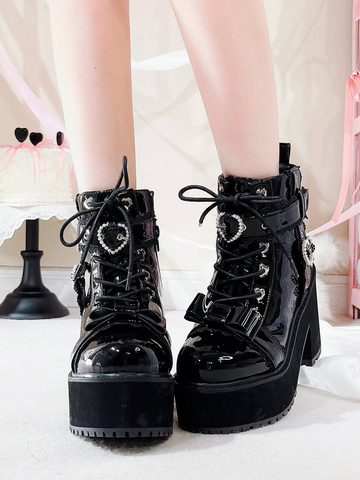 Jirai Kei Shoes Ankle Boots with Heart-shaped Pearl Buckle Detail 42651:748985