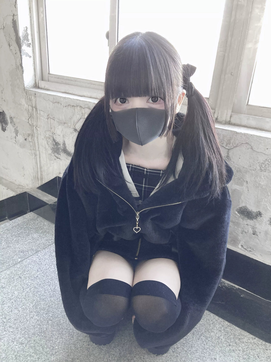Jirai Kei Winter Coat Black Hooded Bunny Ears Fleece Coat 39524:626758