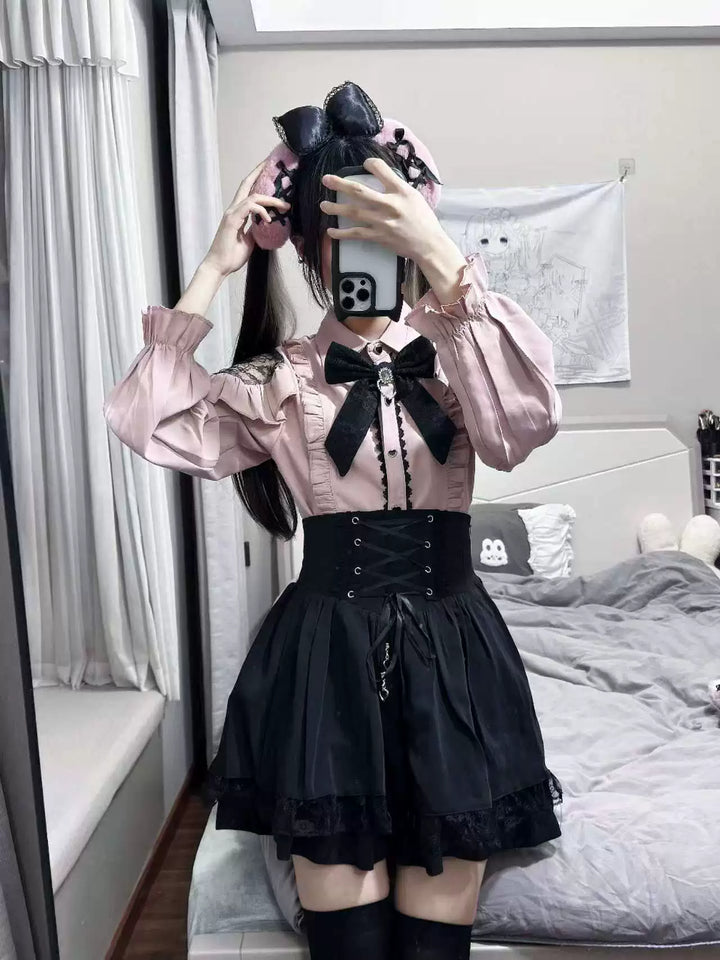 Jirai Kei Set Up, Lace Cut-out Shoulder Shirt 44891:827013