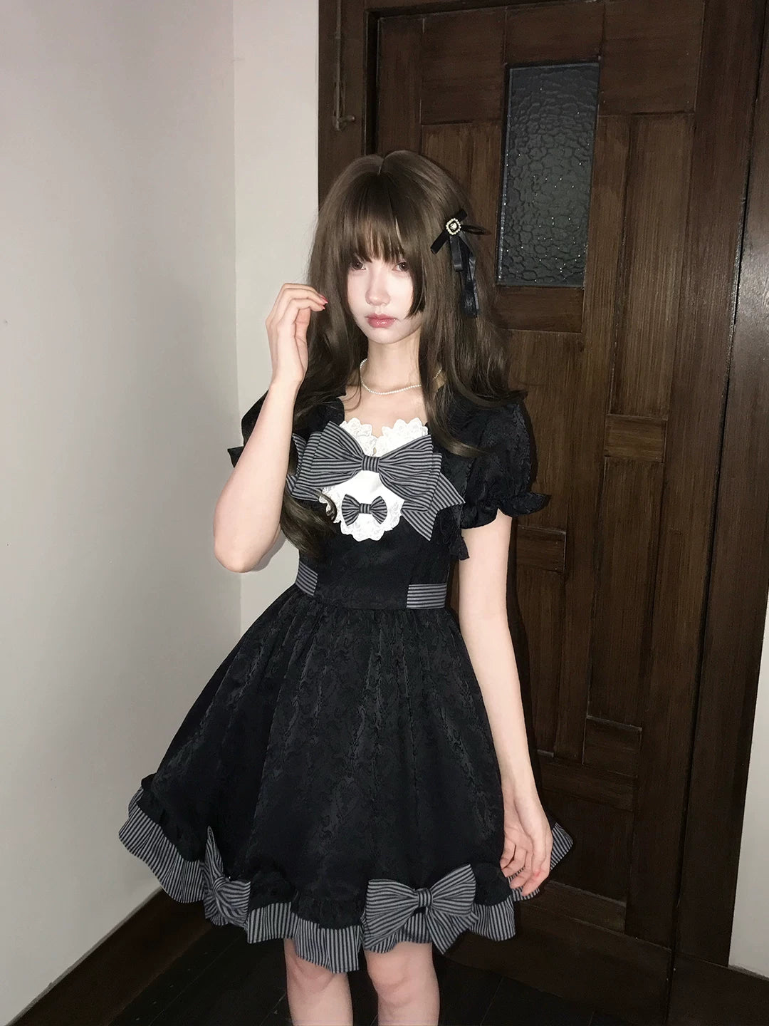 Black Jacquard A-Line Fluffy Dress, Striped Bows (L M S) 45349:849903