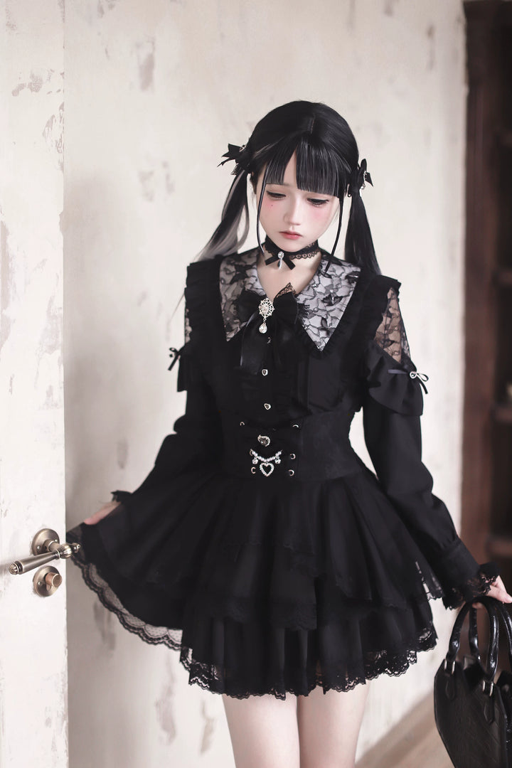 Jirai Kei Tiered Tuffles Skirt, Elastic High-Waist 44587:814546