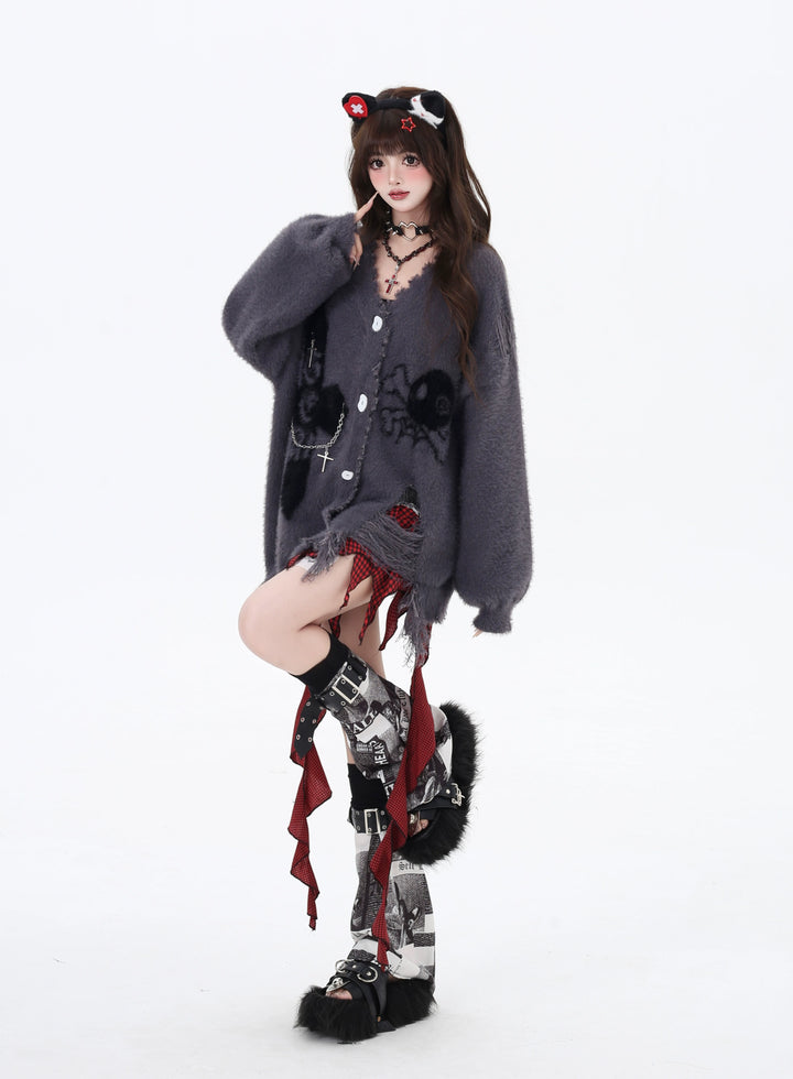 Jirai Kei Sweater Irregular Hem Cardigan With Striped Scarf 40922:680404