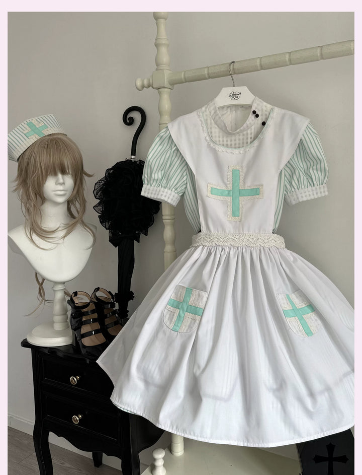 Old School Lolita Striped Dress, Cross Apron (M) / L M S XL) 45136:836809