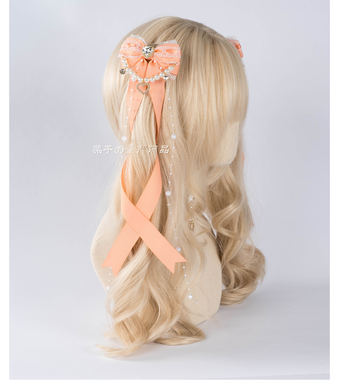 Jirai Kei Bow Hair Clip, Heart Rhinestone, Pearl Chain, Lace Trim 43501:778550