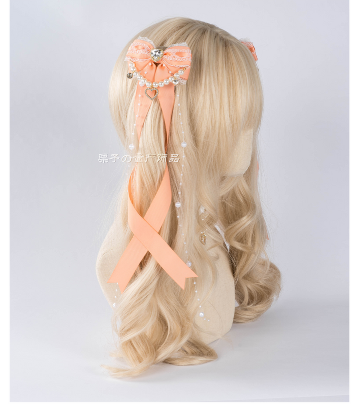 Jirai Kei Bow Hair Clip, Heart Rhinestone, Pearl Chain, Lace Trim 43501:778550