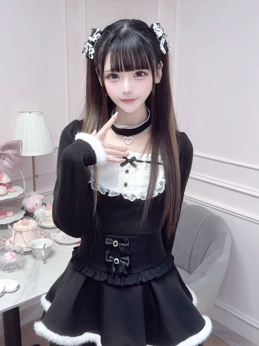Jirai Kei Black/White Sweater Top with Choker 46104:875360