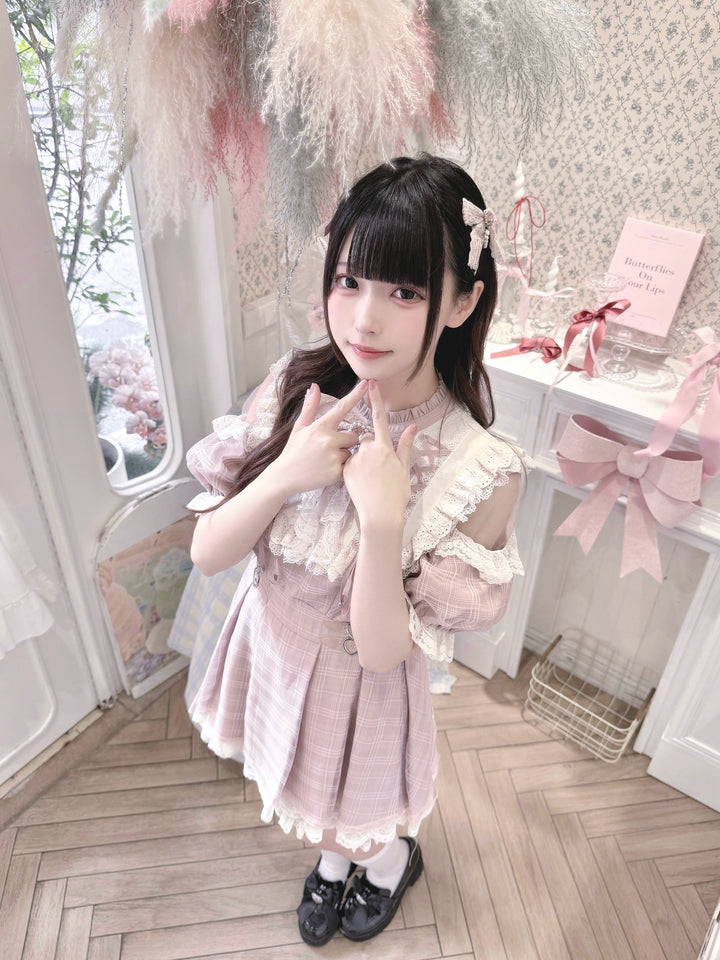 Pink Ryousangata Dress, Lace Trim & Square Rhinestone Bow 43193:770311