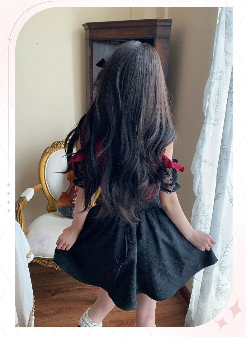 Black and Red Jirai Kei Set Up, Lace Pointed Collar 43726:783598