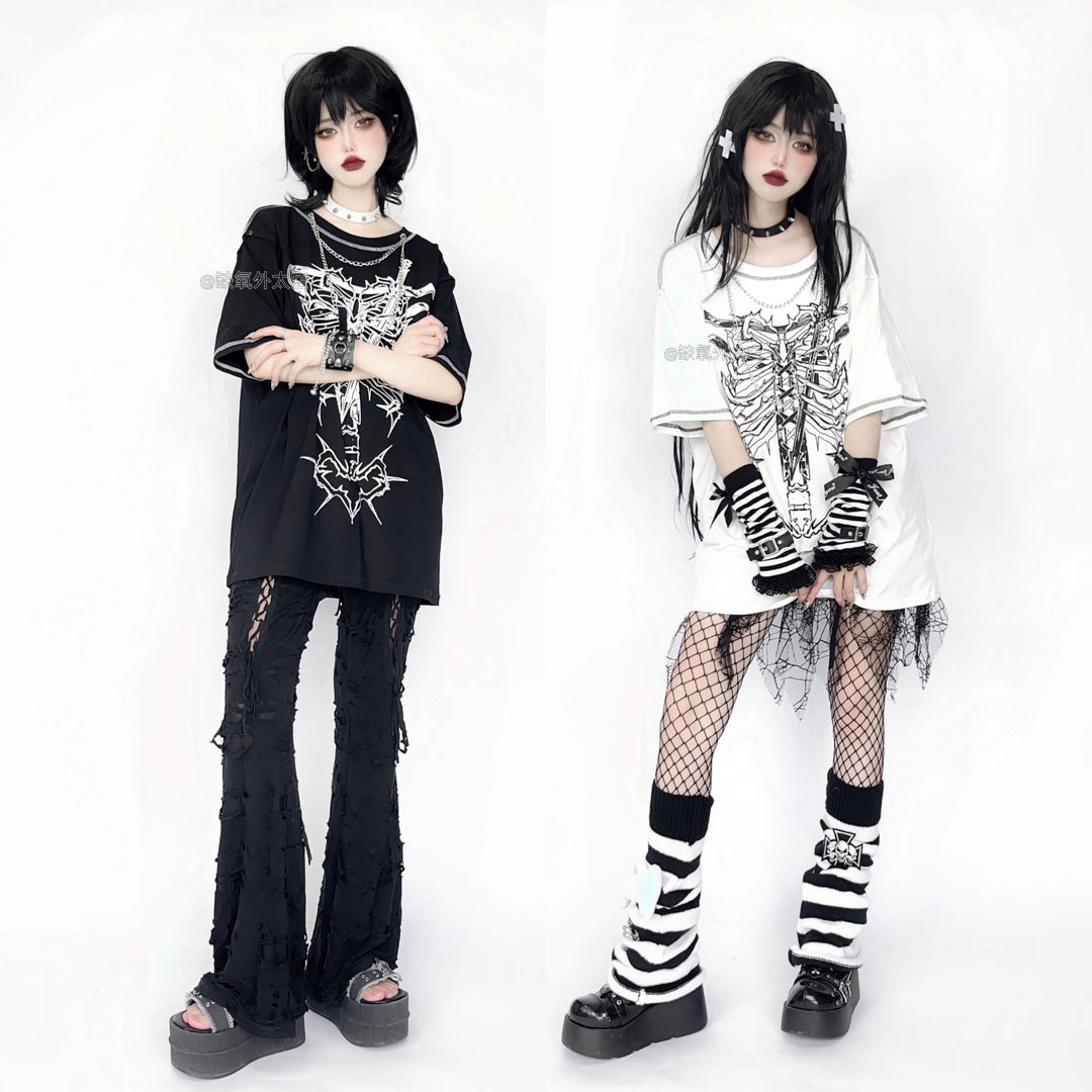 Gothic T-shirt Punk Ribbone Print Top Drop-Shoulder Shirt 39132:614690
