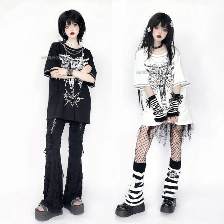 Gothic T-shirt Punk Ribbone Print Top Drop-Shoulder Shirt 39132:614690