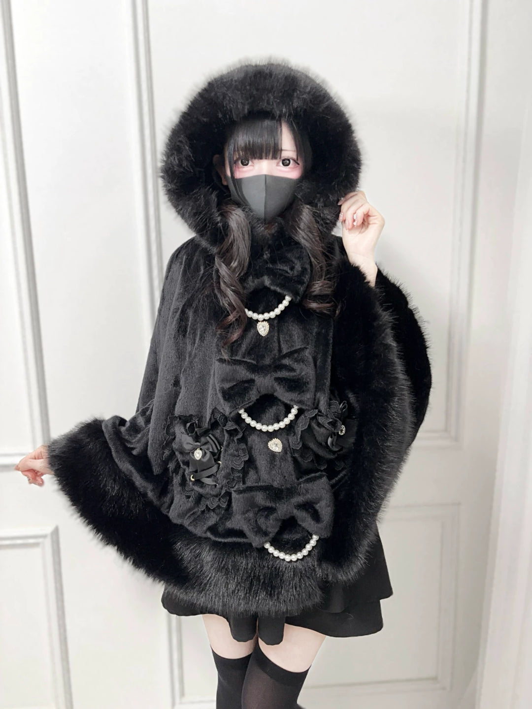 Hooded Jirai Kei Winter Cape, Bow Buttons 44428:808739