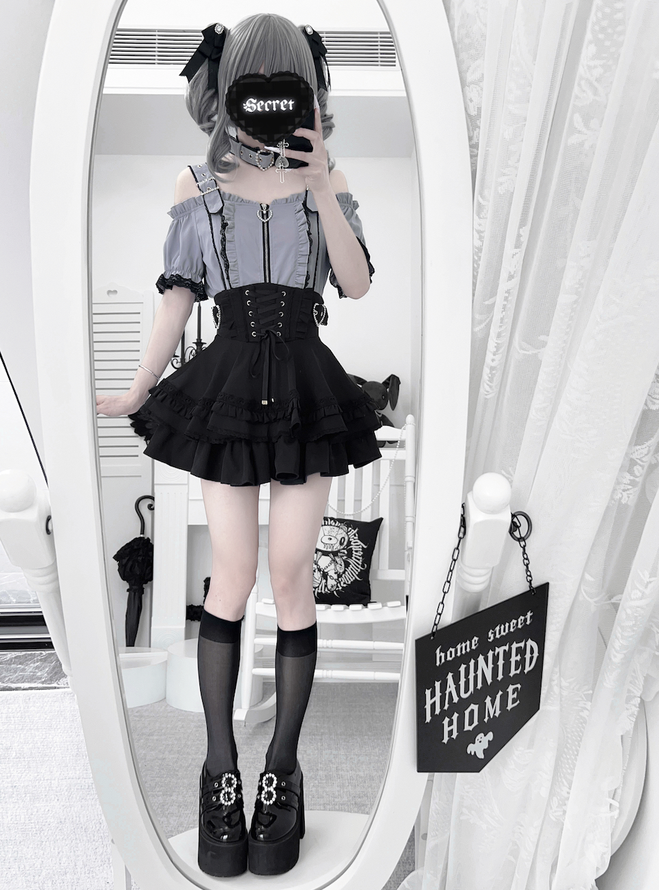 Jirai Kei Open Shoulder Shirt Outfit, Multiple Colors 43500:778039
