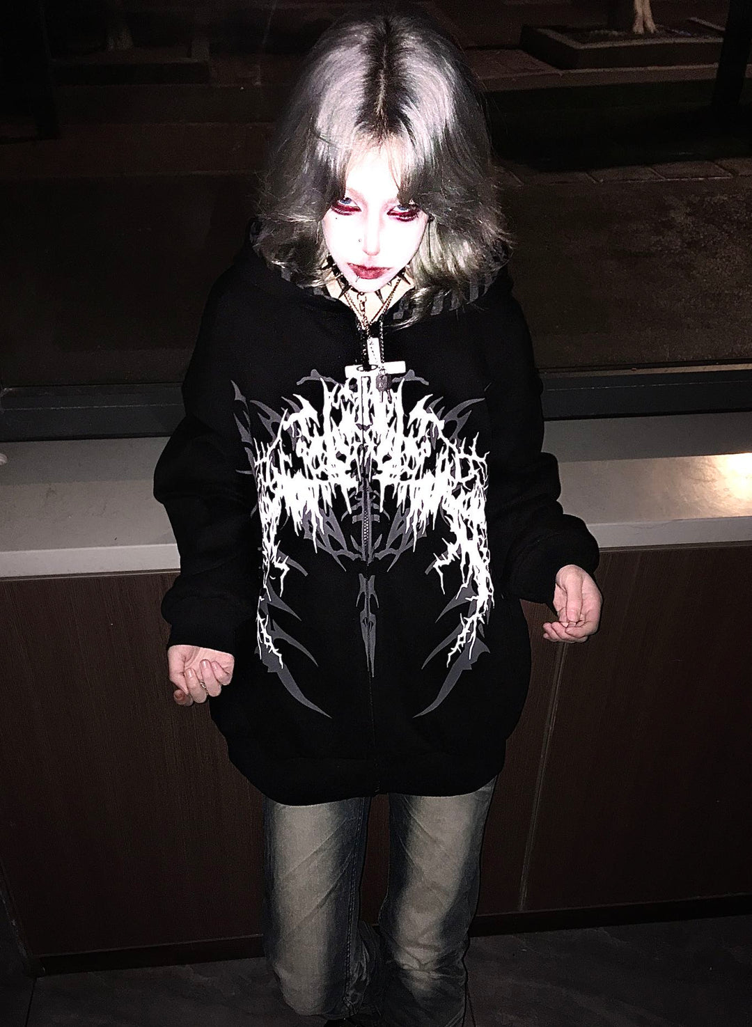 Cotton Jirai Kei Coat Gothic Punk Style with Oversized Design 42386:737981