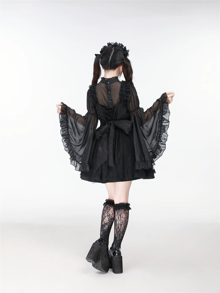 Black/White Jirai Kei Jumper Dress & Hime-Sleeved Sheer Blouse 43326:773590