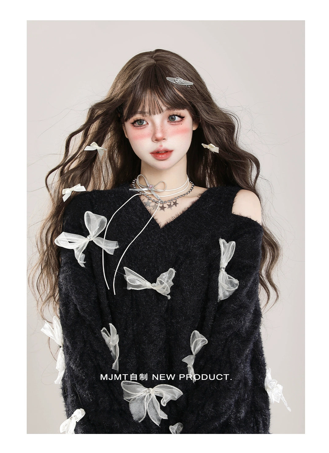 Sweet Winter Sweater, Open-Shoulder, Ribbon Bows 44070:795147