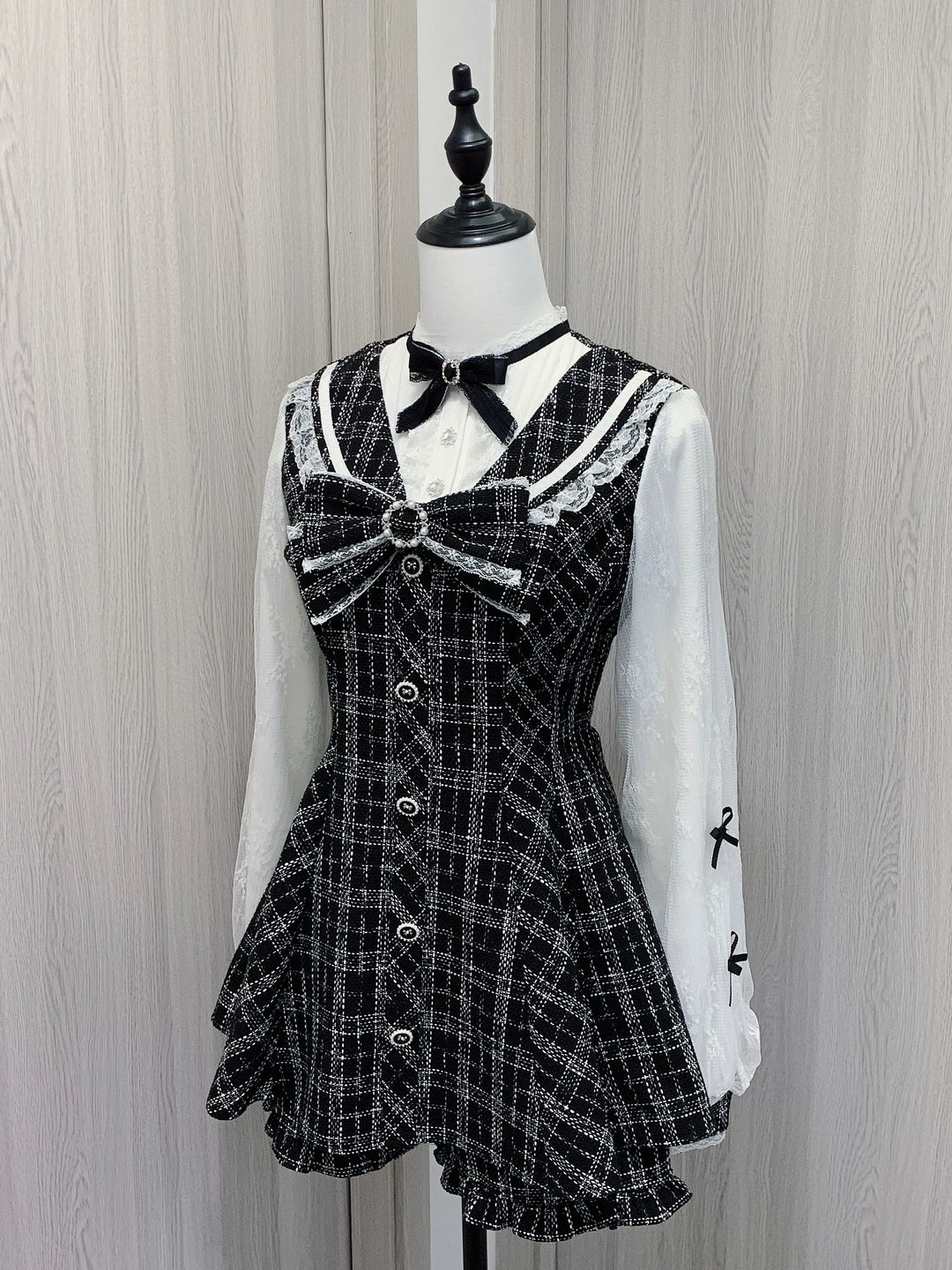 Jirai Kei Dress Black White Check Double Layer Sleeves Short Set (L M S) 40140:658044