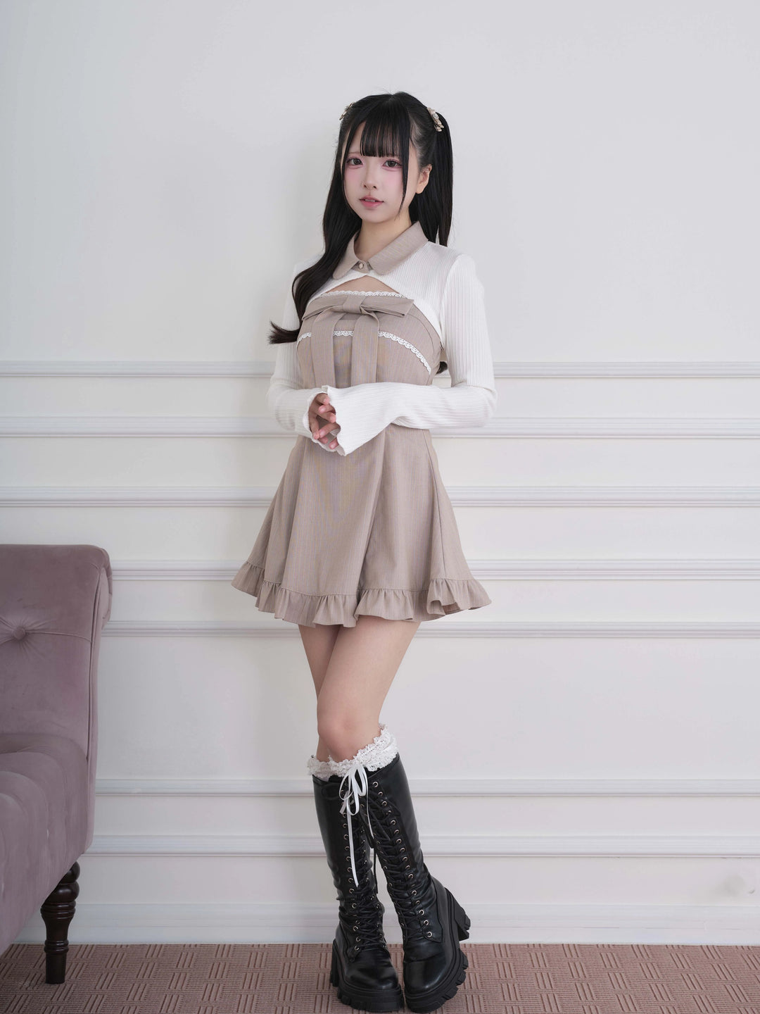 Ryousangata Dress & Knit Bolero Set, Plaid/Striped Pattern 46030:873164