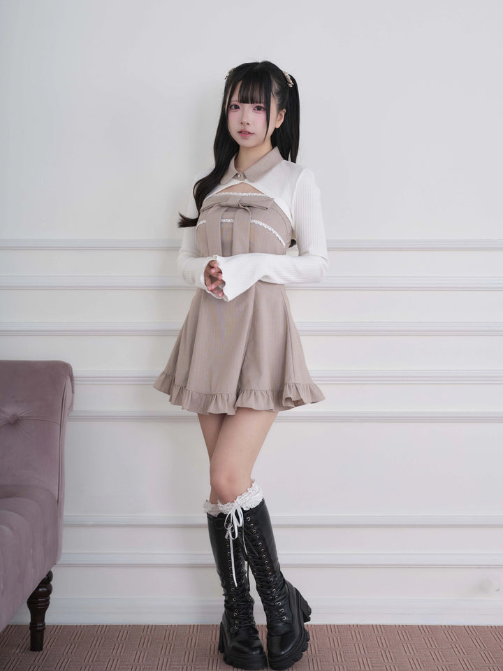 Ryousangata Dress & Knit Bolero Set, Plaid/Striped Pattern 46030:873161