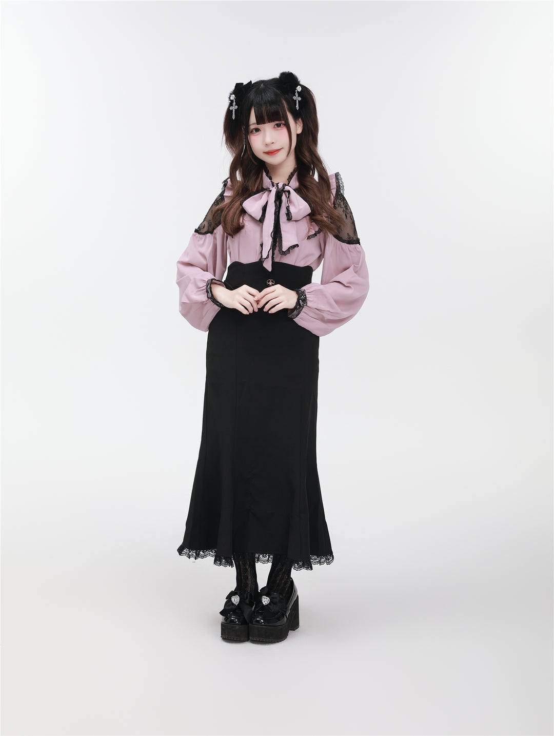 Jirai Kei Stand Collar Shirt with Lace Shoulder And Ribbon 42748:751807