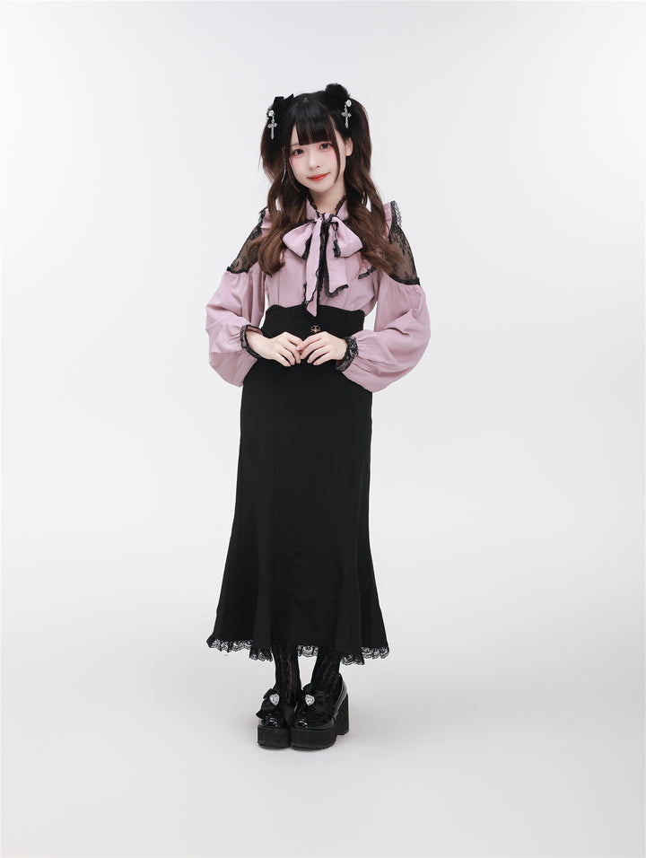 Jirai Kei Stand Collar Shirt with Lace Shoulder And Ribbon 42748:751807