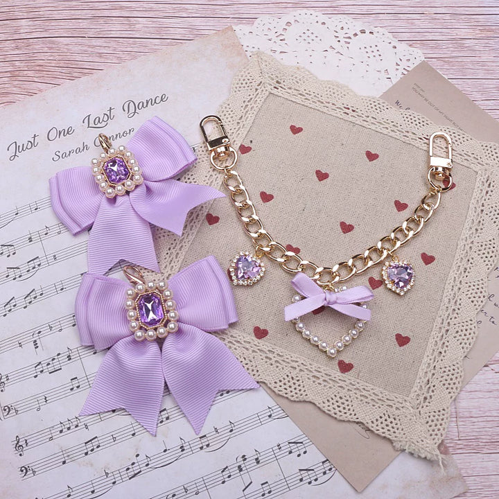 Ryousangata Bag Chain & Bow Charm, Heart-Shaped Rhinestone (Purple) 45075:839460