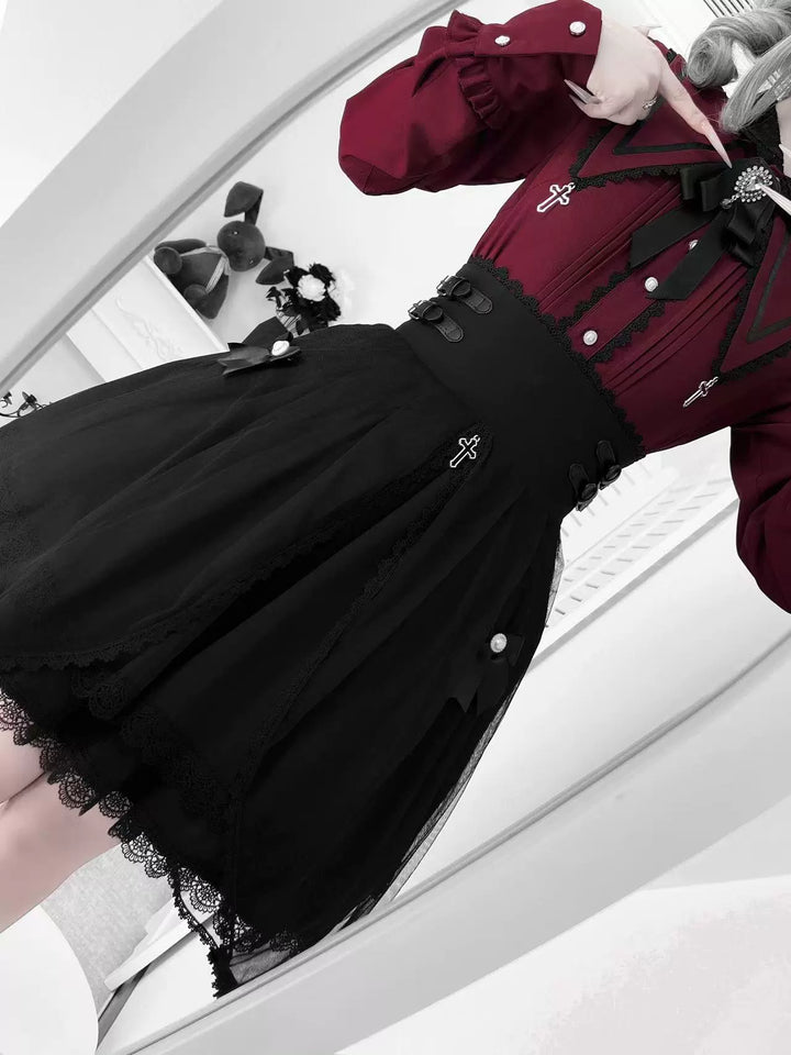 Jirai Kei Pointed Collar Blouse, Black High-Waist Skirt 44216:804931