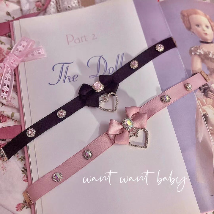 Pink Black Jirai Kei Necklace Choker With Bow And Rhinestone 21762:313082