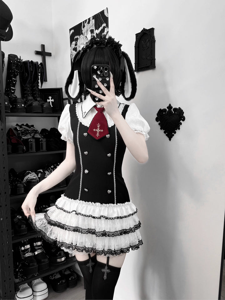 Preppy Style Low-Waist Dress Set, Cross Embroidery 44746:823829