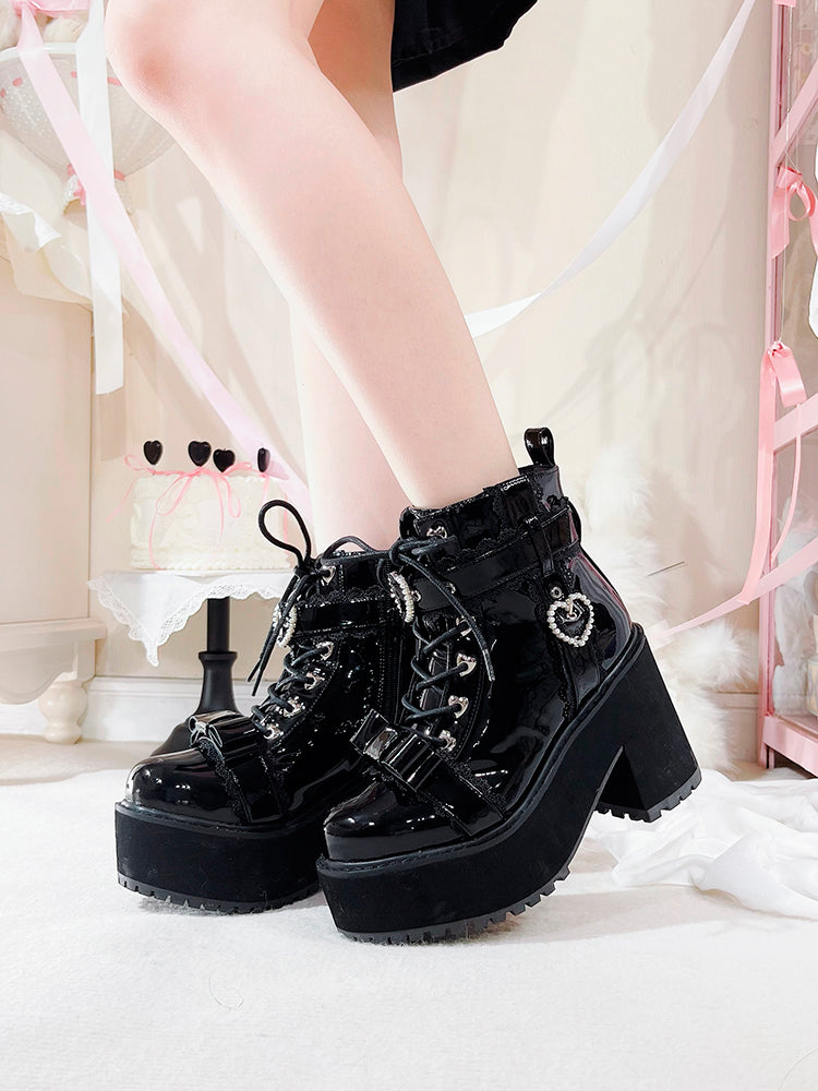 Jirai Kei Shoes Ankle Boots with Heart-shaped Pearl Buckle Detail (35 36 37 38 39 40) 42651:748987