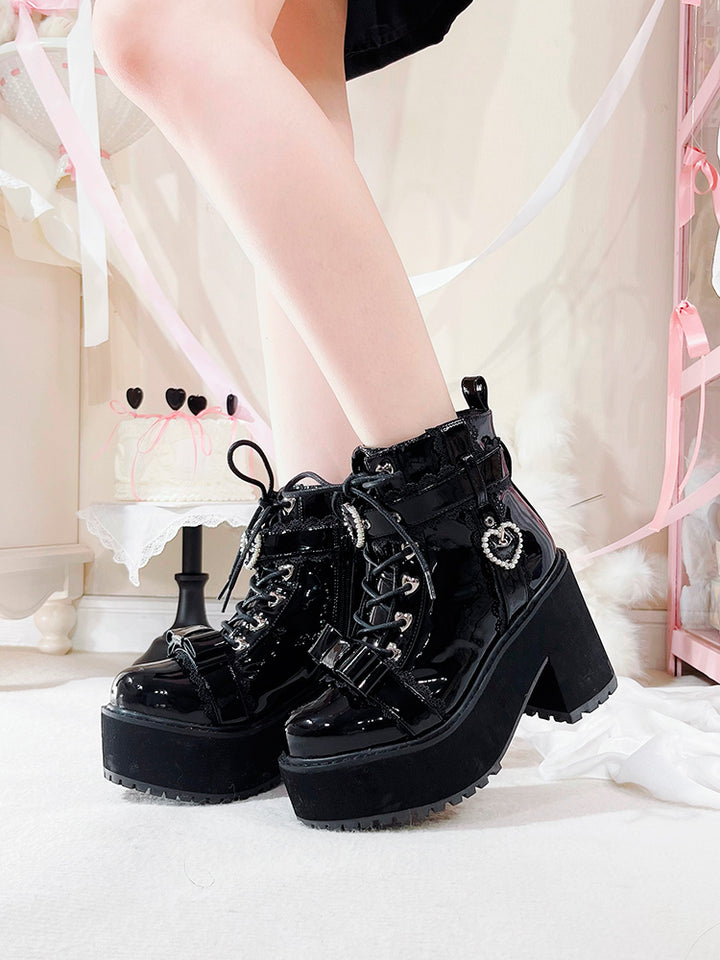 Jirai Kei Shoes Ankle Boots with Heart-shaped Pearl Buckle Detail (35 36 37 38 39 40) 42651:748987