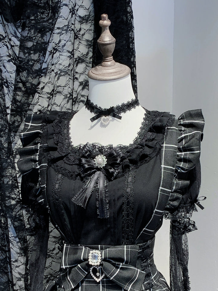 Short-Sleeved Jirai Kei Blouse with Choker and Tulle Cuffs 42862:755758