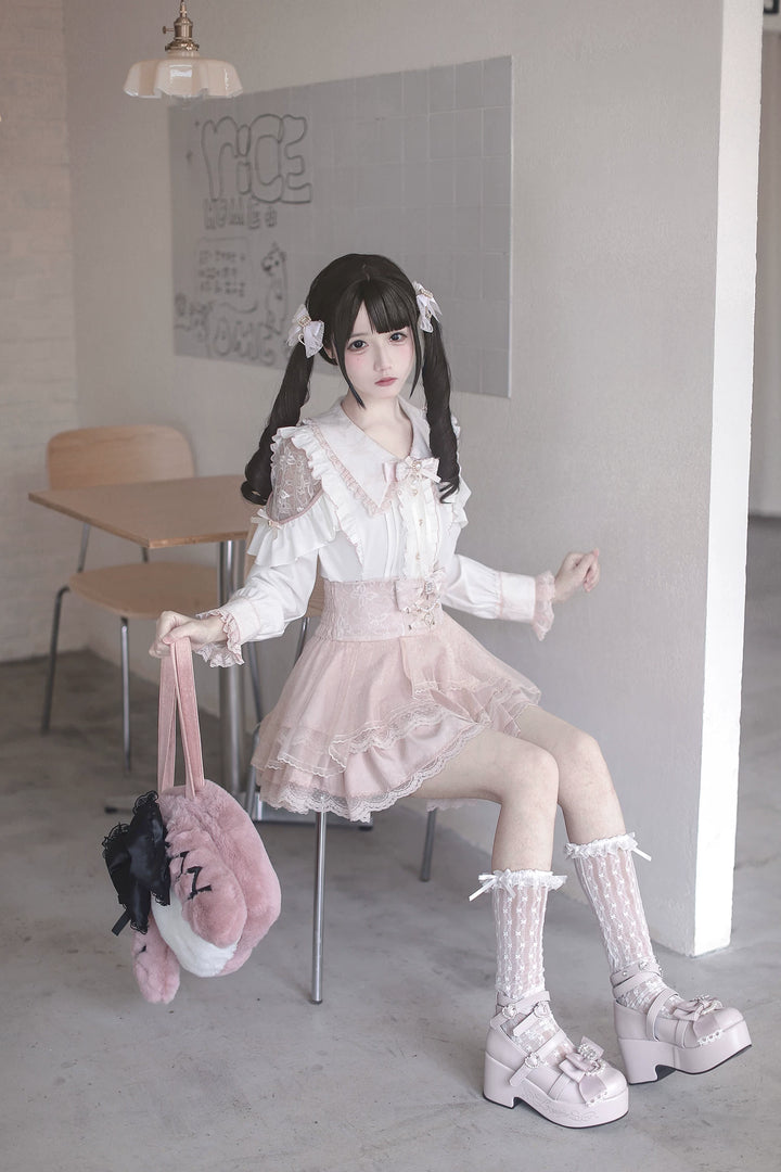 Jirai Kei Tiered Tuffles Skirt, Elastic High-Waist 44587:814540