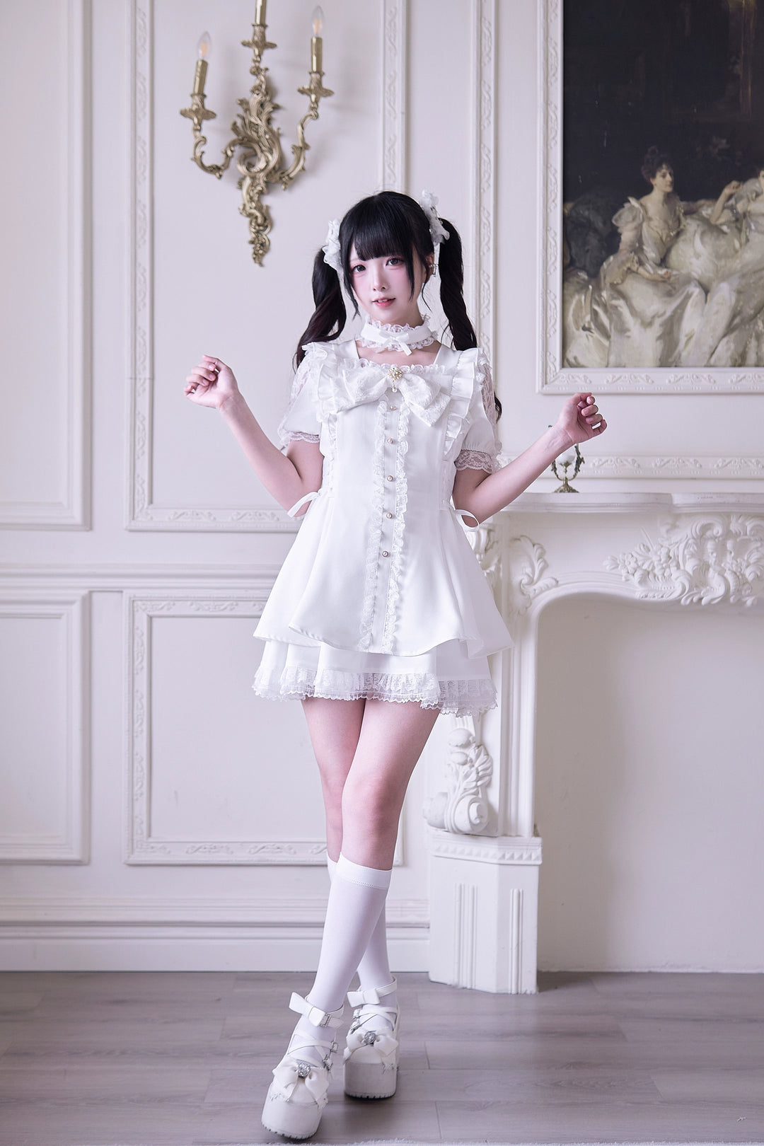 Jirai Kei Dress 4-Piece Set, Elastic Waist & Pearl Button 43010:761784