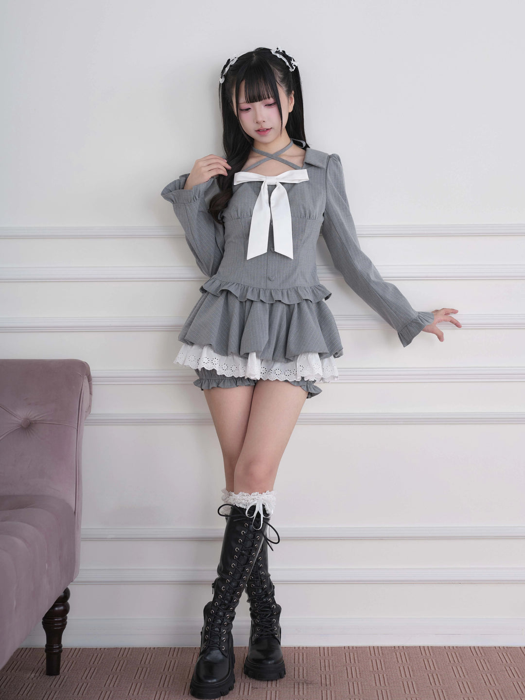 Ryousangata Plaid/Striped Dress & Shorts Set, Chest Big Bow 46031:873228