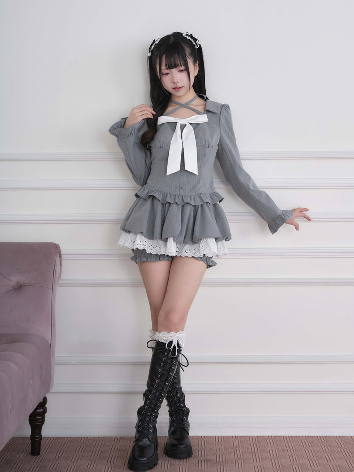Ryousangata Plaid/Striped Dress & Shorts Set, Chest Big Bow 46031:873228
