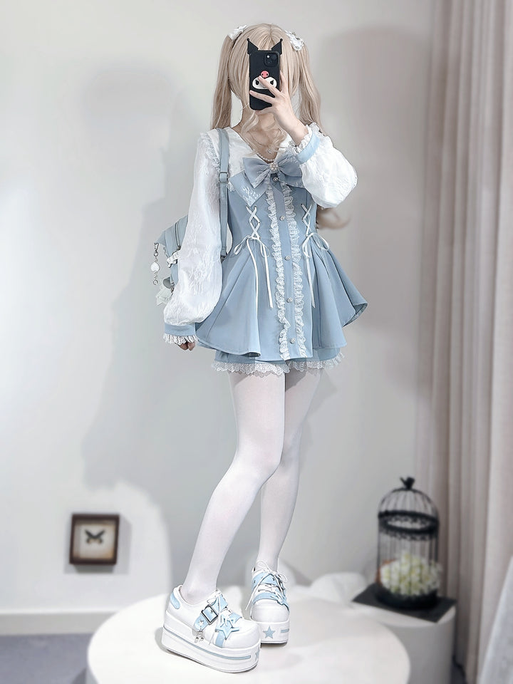 Lace-up Jirai Kei Dress Set with Lace and Rhinestone Button 42784:752969