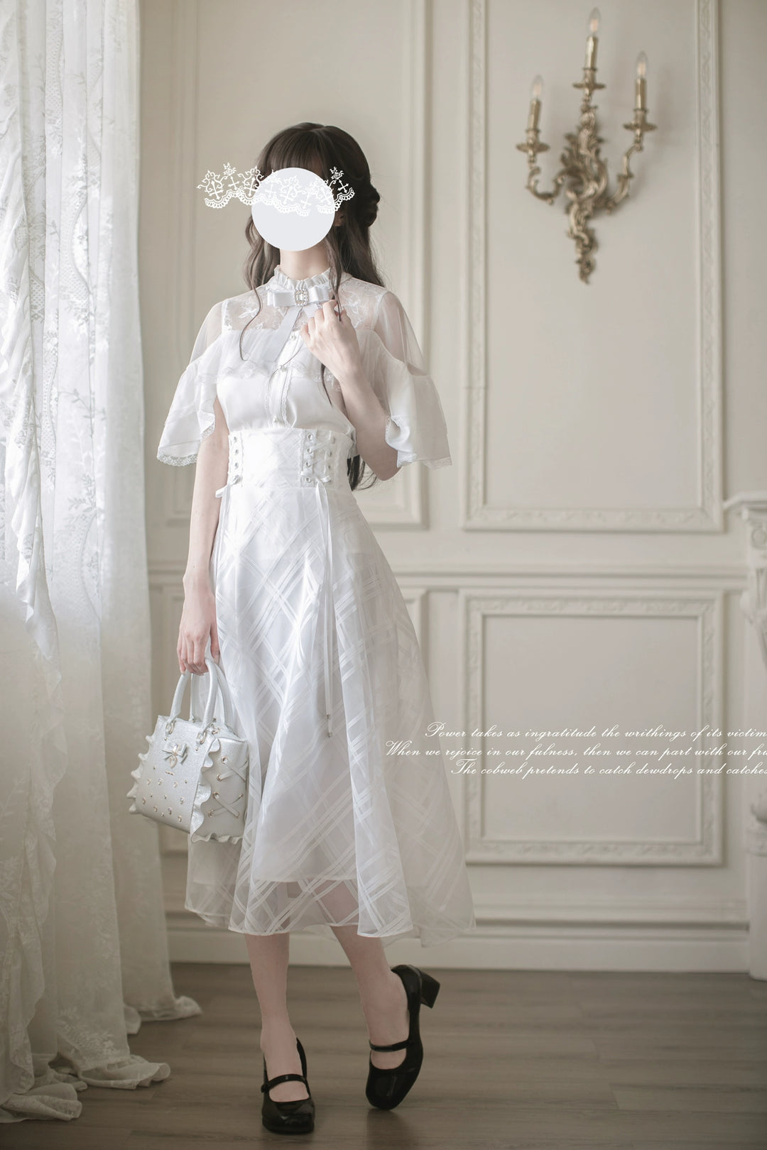 White Long Ryousangata Skirt With Elegant Cape-Design Shirt 43110:769486