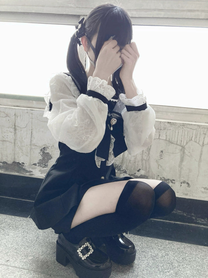 Jirai Kei Set Up Lace Sleeve Sailor Collar Dress Shorts 37650:567956
