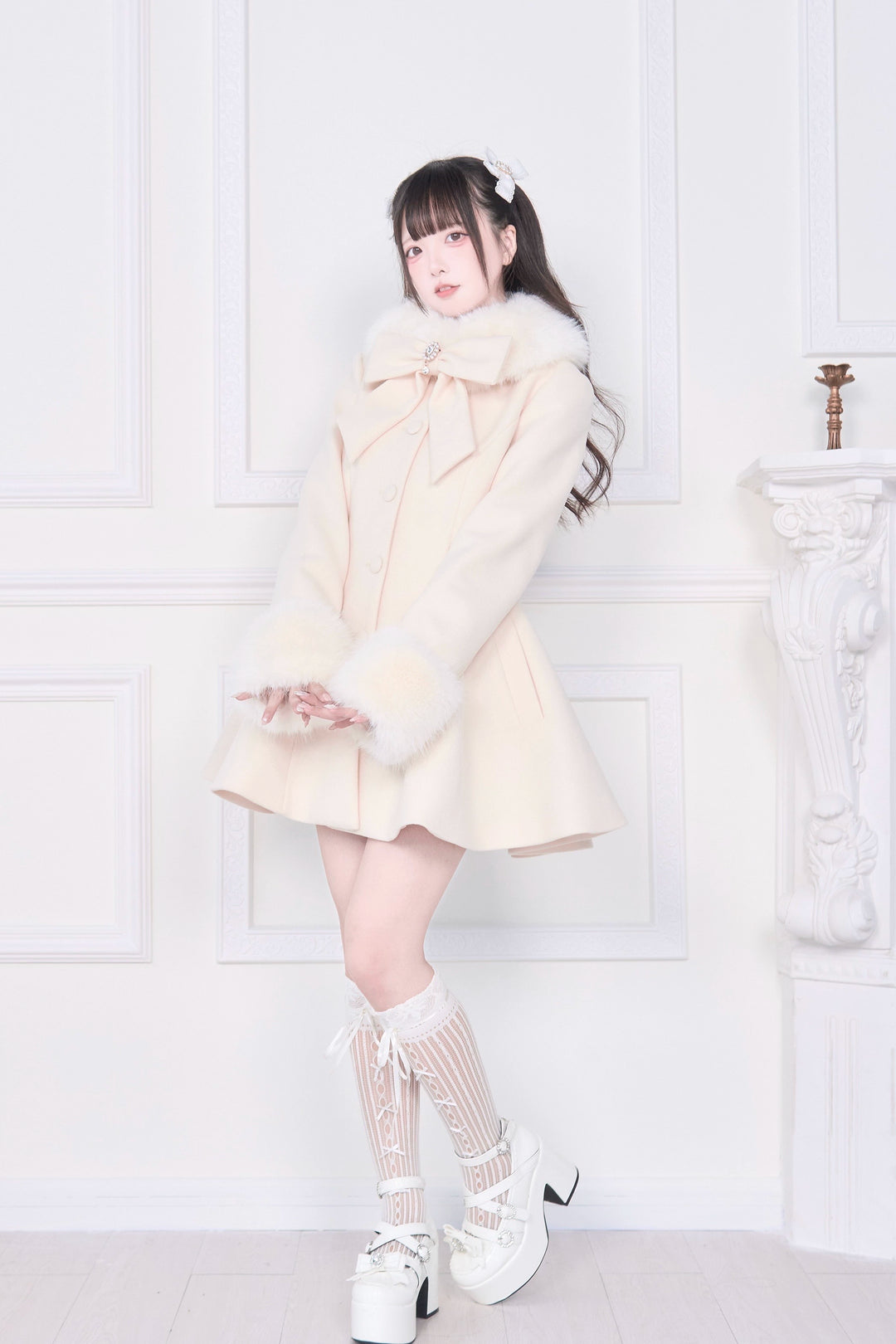 Jirai Kei Winter Coat, Faux Fur Trim, Detachable Cape 44066:794445