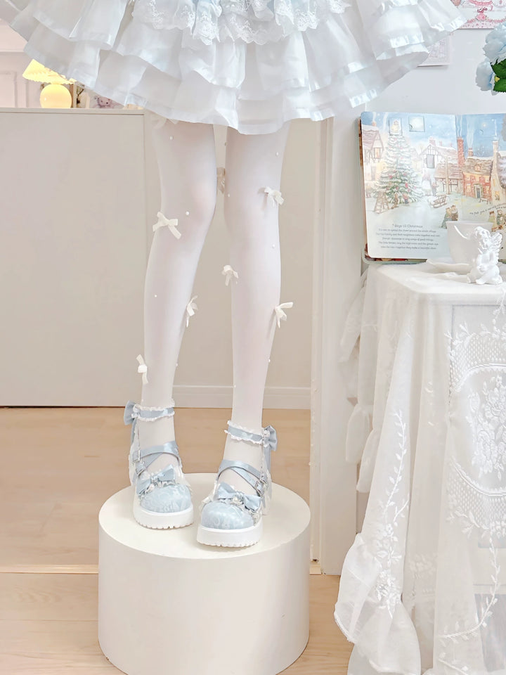 Classic Lolita Mary Jane Shoes, Lace Tulle & Ribbon Bow 46012:873451