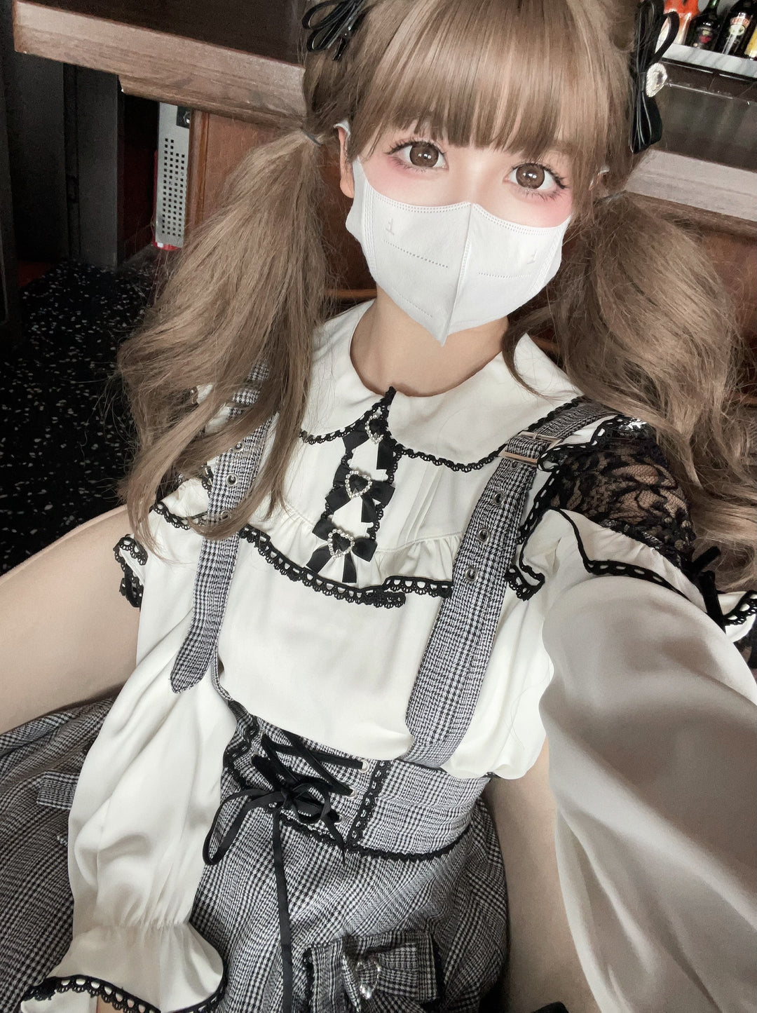 Jirai Kei Blouse White Lace Shirt Plaid Skirt Overall Dress 32960:431770