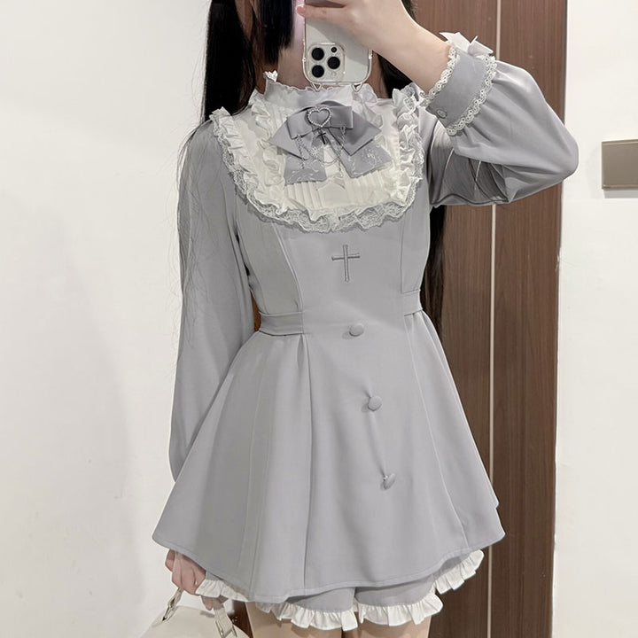 Plus Size Jirai Kei Long Sleeve Dress Set With Lace Wrist Bow Multicolor 41688:710580