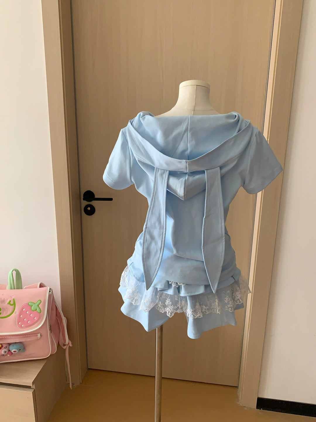 Bunny Eared Kawaii Outfit, Blue Zip Up Sweatshirt + Lace Skirt 43560:779915