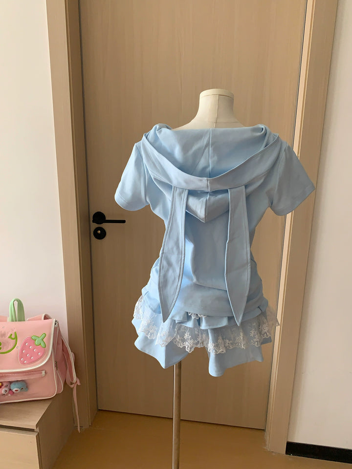 Bunny Eared Kawaii Outfit, Blue Zip Up Sweatshirt + Lace Skirt 43560:779915