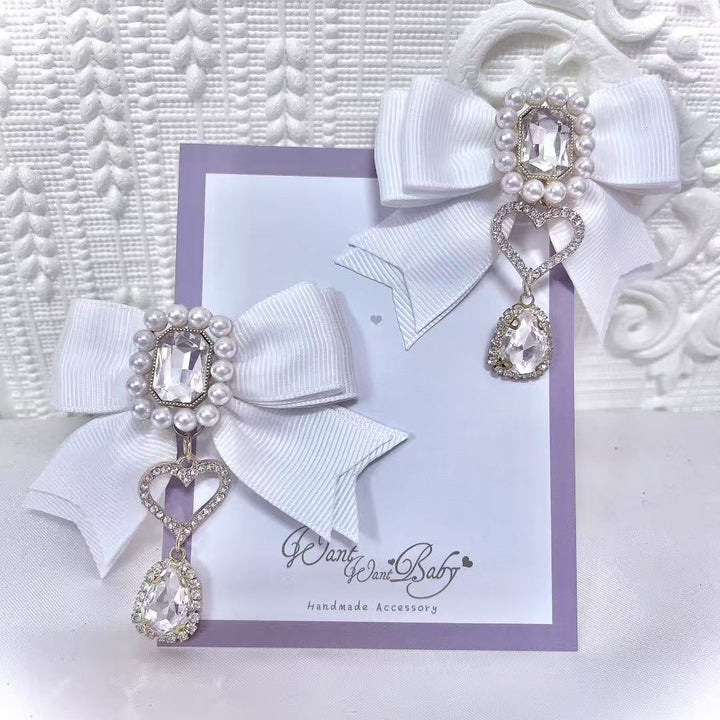 Ribbon Jirai Kei Hair Clips with Rhinestone And Pearl Detail 42436:740176