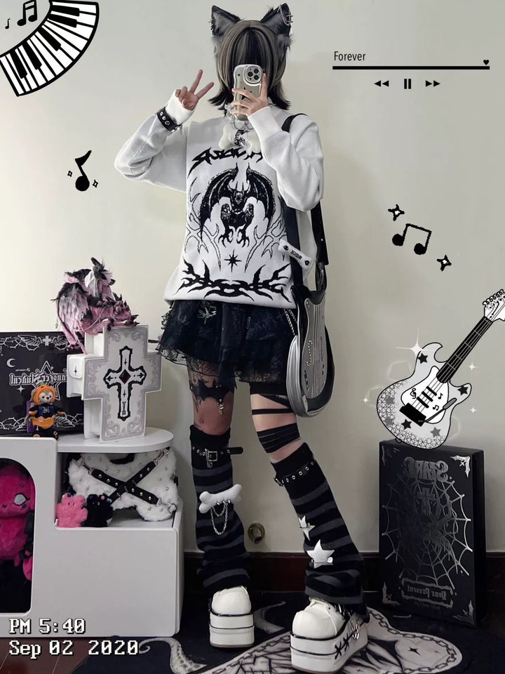 Punk Sweater White Bat Embroidered Sweater 39788:640192