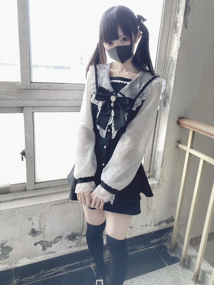 Jirai Kei Set Up Lace Sleeve Sailor Collar Dress Shorts 37650:567950