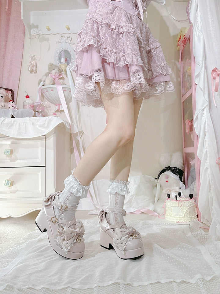 Jirai Kei Platform Shoes, Lace Bow Details, Chunky Heel 43445:778185
